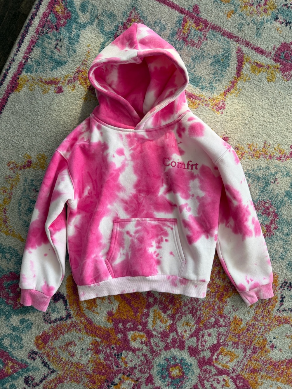 Kids Pink & White Tie-Dye Hoodie with Comfort Logo